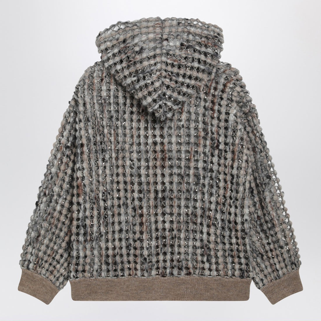 Brunello Cucinelli Camel Balloon-Sleeve Openwork Hooded Cardigan with Sequin Embroidery Multicolor