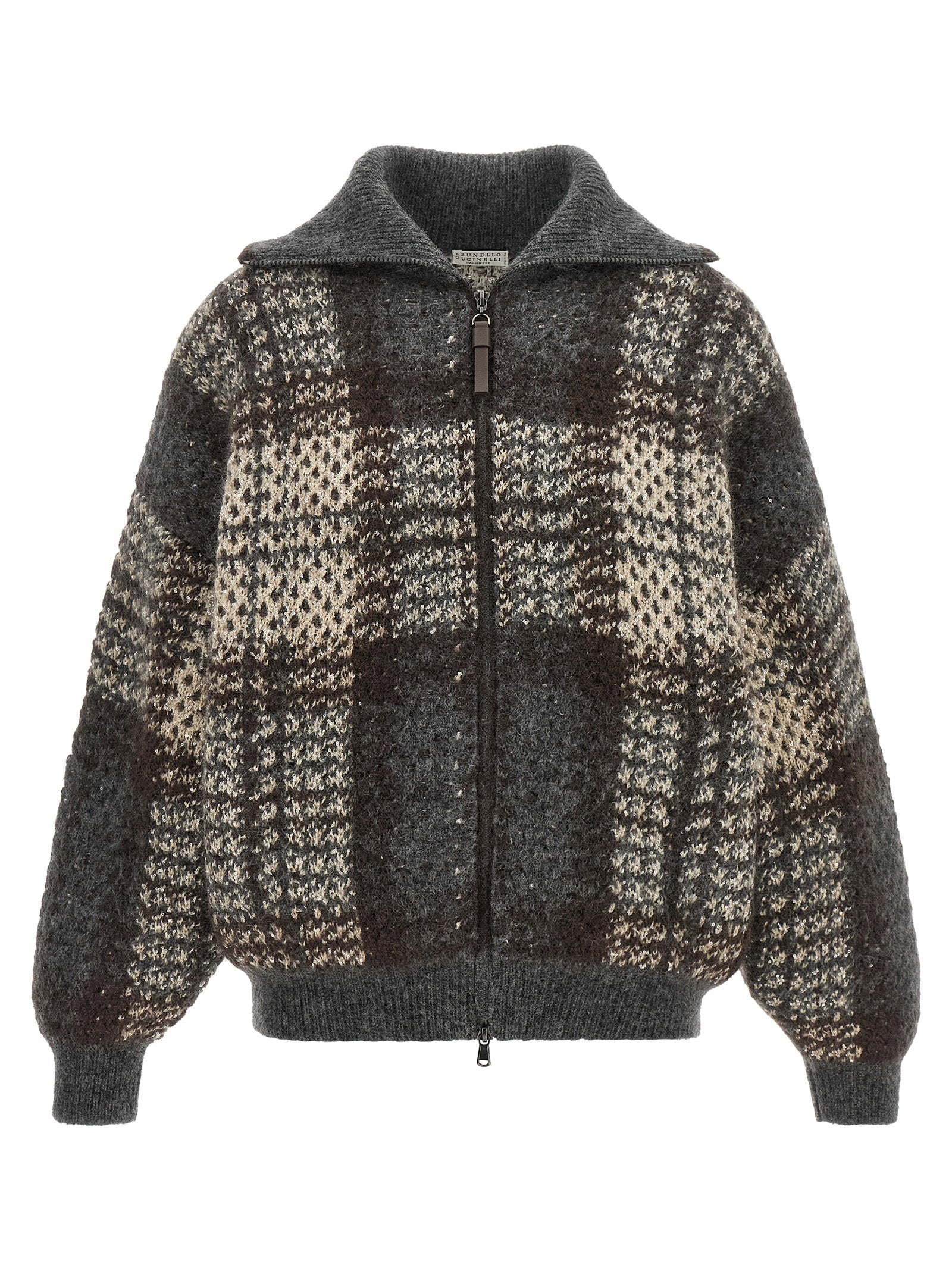Brunello Cucinelli Double Dazzling Tartan Cardigan Gray