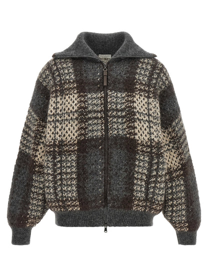 Brunello Cucinelli Double Dazzling Tartan Cardigan Gray