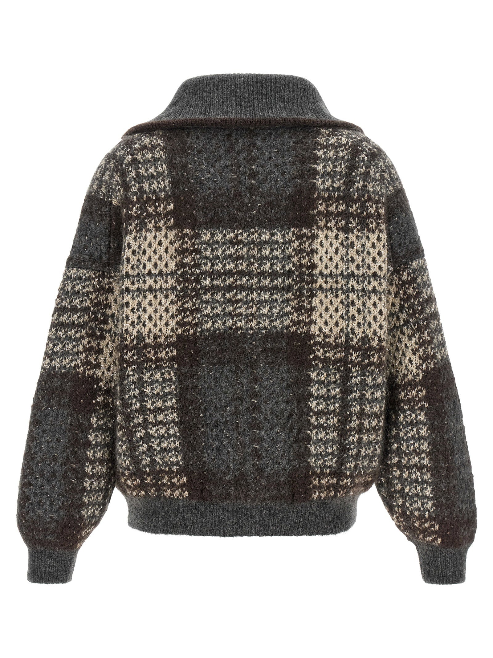 Brunello Cucinelli Double Dazzling Tartan Cardigan Gray