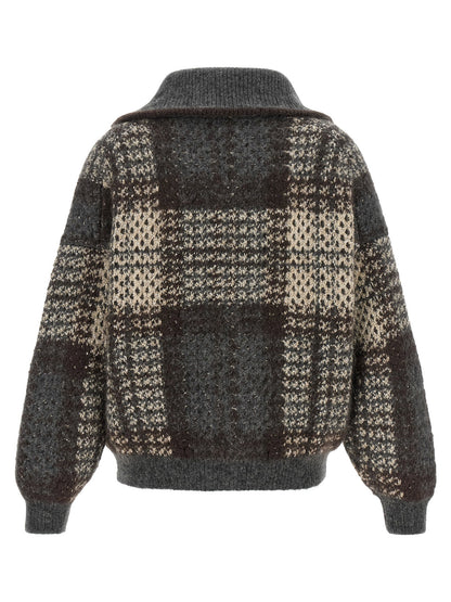 Brunello Cucinelli Double Dazzling Tartan Cardigan Gray