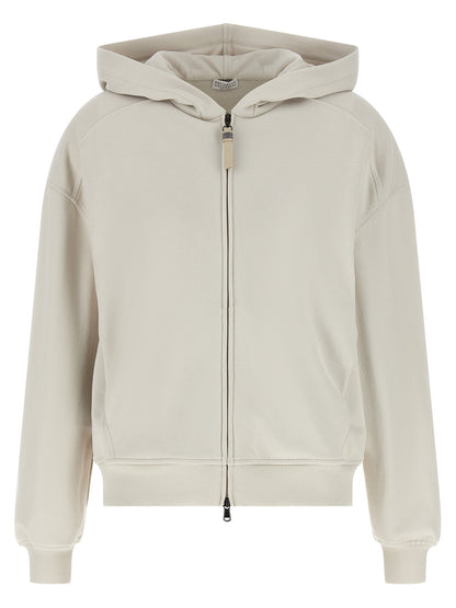 Brunello Cucinelli Shiny Zipper Pull Hoodie Beige
