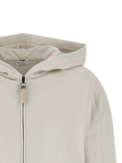 Brunello Cucinelli Shiny Zipper Pull Hoodie Beige