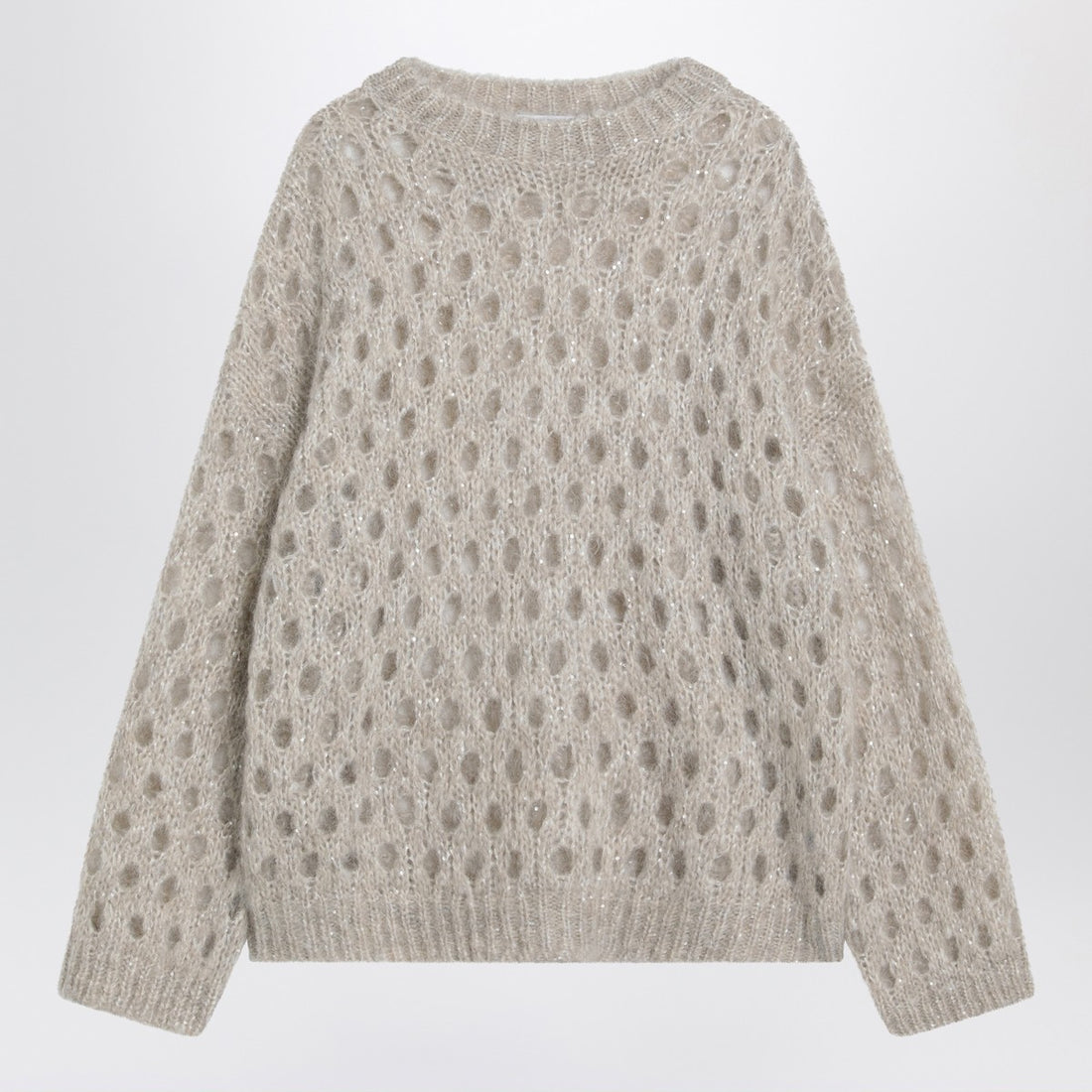 Brunello Cucinelli Beige Openwork Mohair-Blend Sweater with Sequins Beige