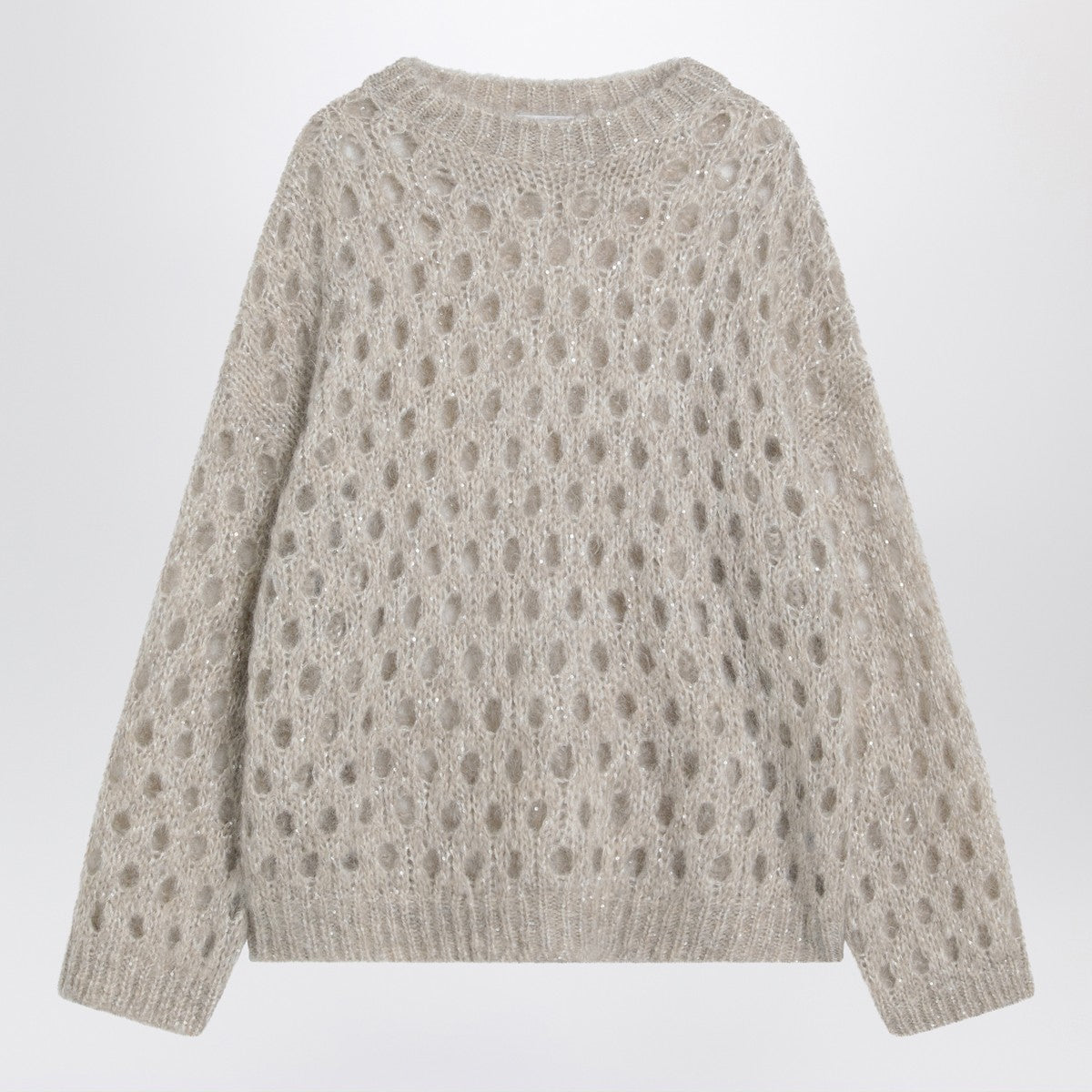 Brunello Cucinelli Beige Openwork Mohair-Blend Sweater with Sequins Beige