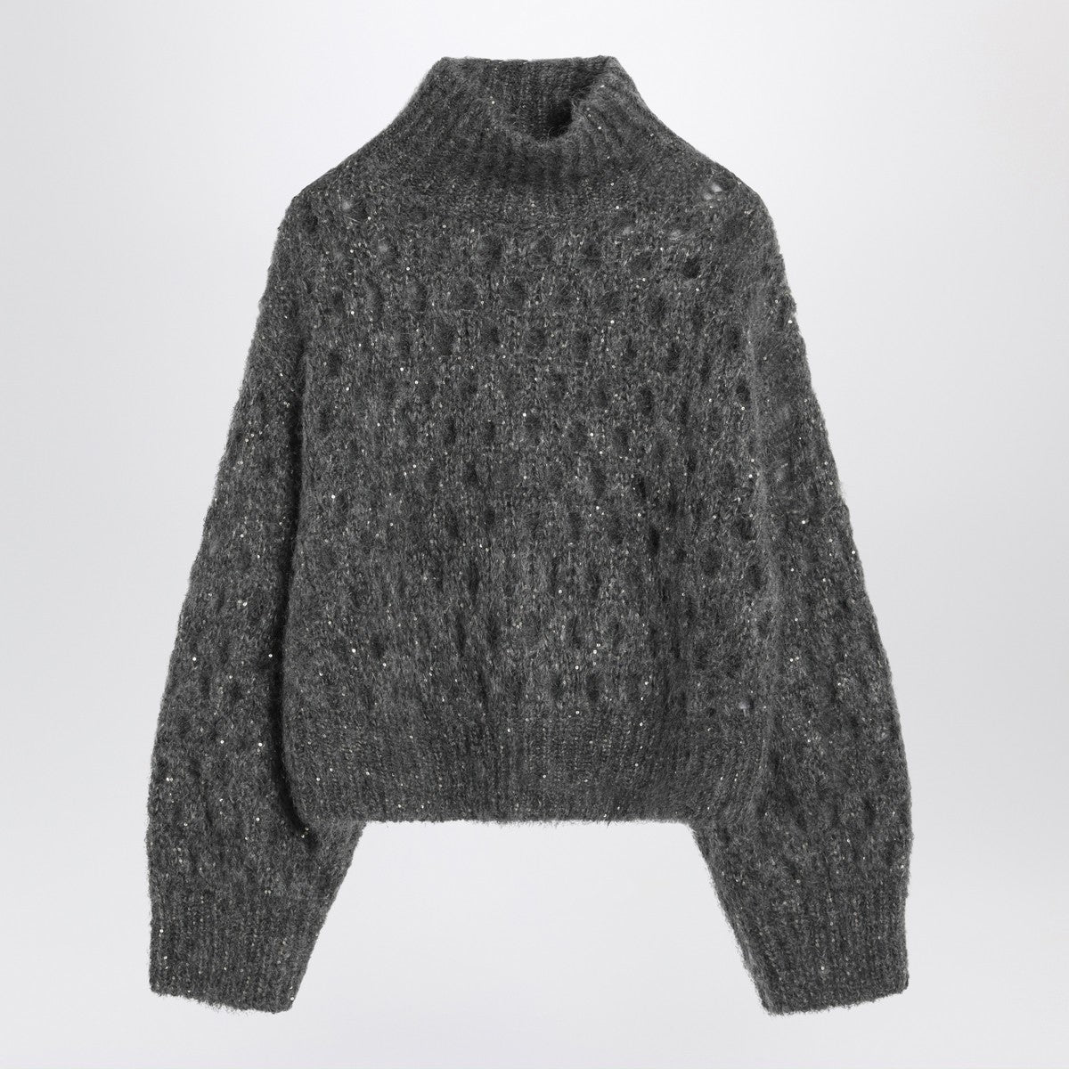 Brunello Cucinelli Grey Mohair-Blend Openwork Turtleneck Sweater With Sequins Grey