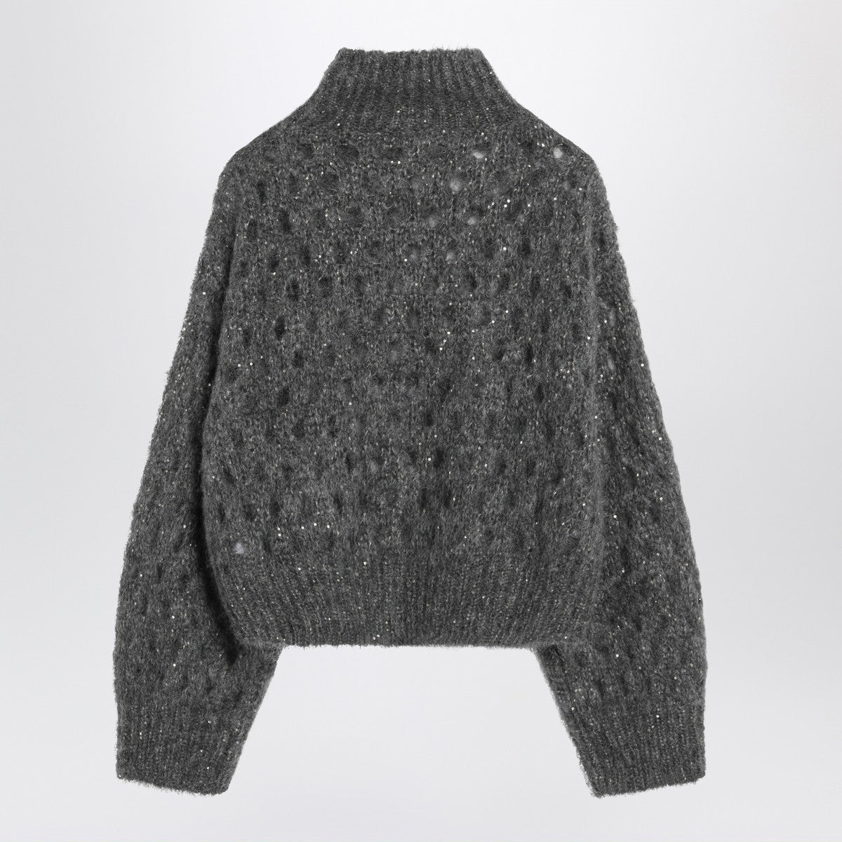 Brunello Cucinelli Grey Mohair-Blend Openwork Turtleneck Sweater With Sequins Grey