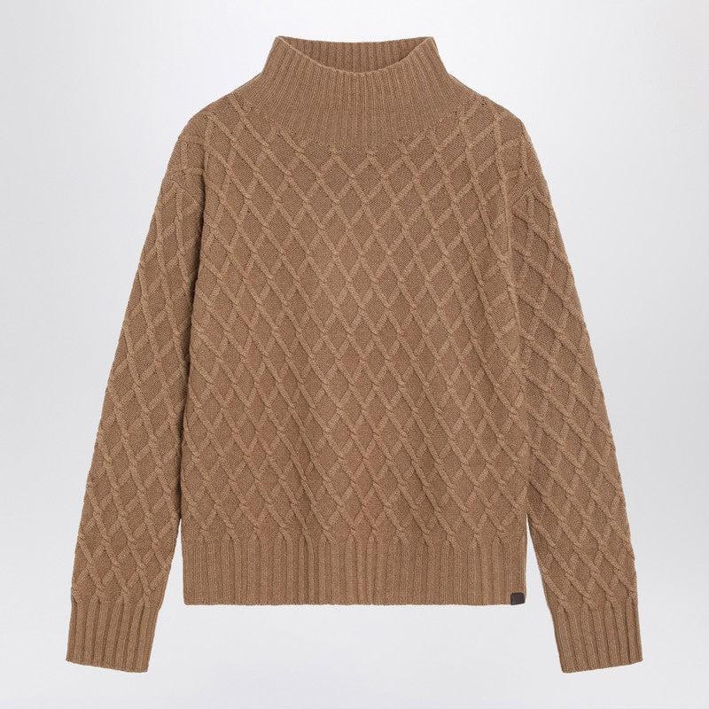 Max Mara Camel Cable Knit Turtleneck Sweater Beige