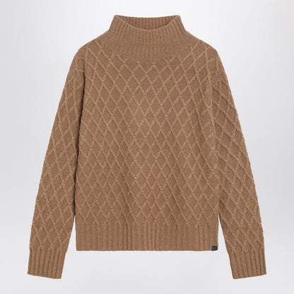 Max Mara Camel Cable Knit Turtleneck Sweater Beige