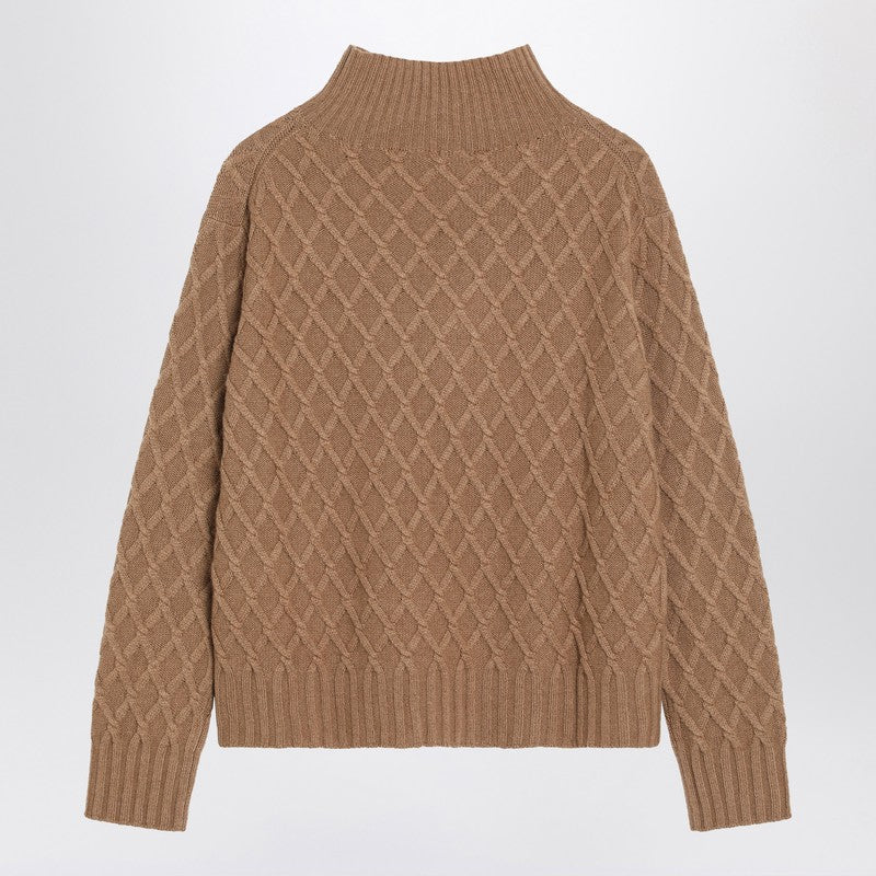 Max Mara Camel Cable Knit Turtleneck Sweater Beige