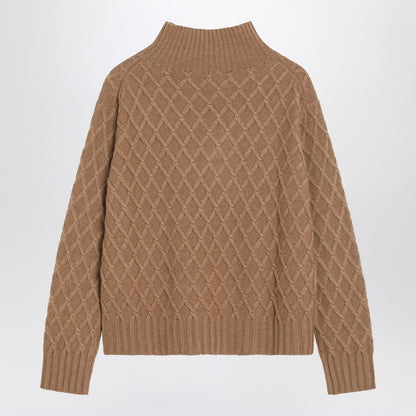 Max Mara Camel Cable Knit Turtleneck Sweater Beige