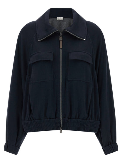 Brunello Cucinelli Shiny Zipper Pull Sweatshirt Blue