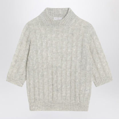 Brunello Cucinelli Light Grey Mohair-Blend Cable-Knit Short-Sleeve Sweater Grey