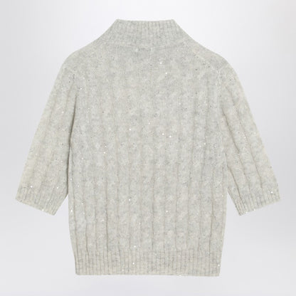 Brunello Cucinelli Light Grey Mohair-Blend Cable-Knit Short-Sleeve Sweater Grey