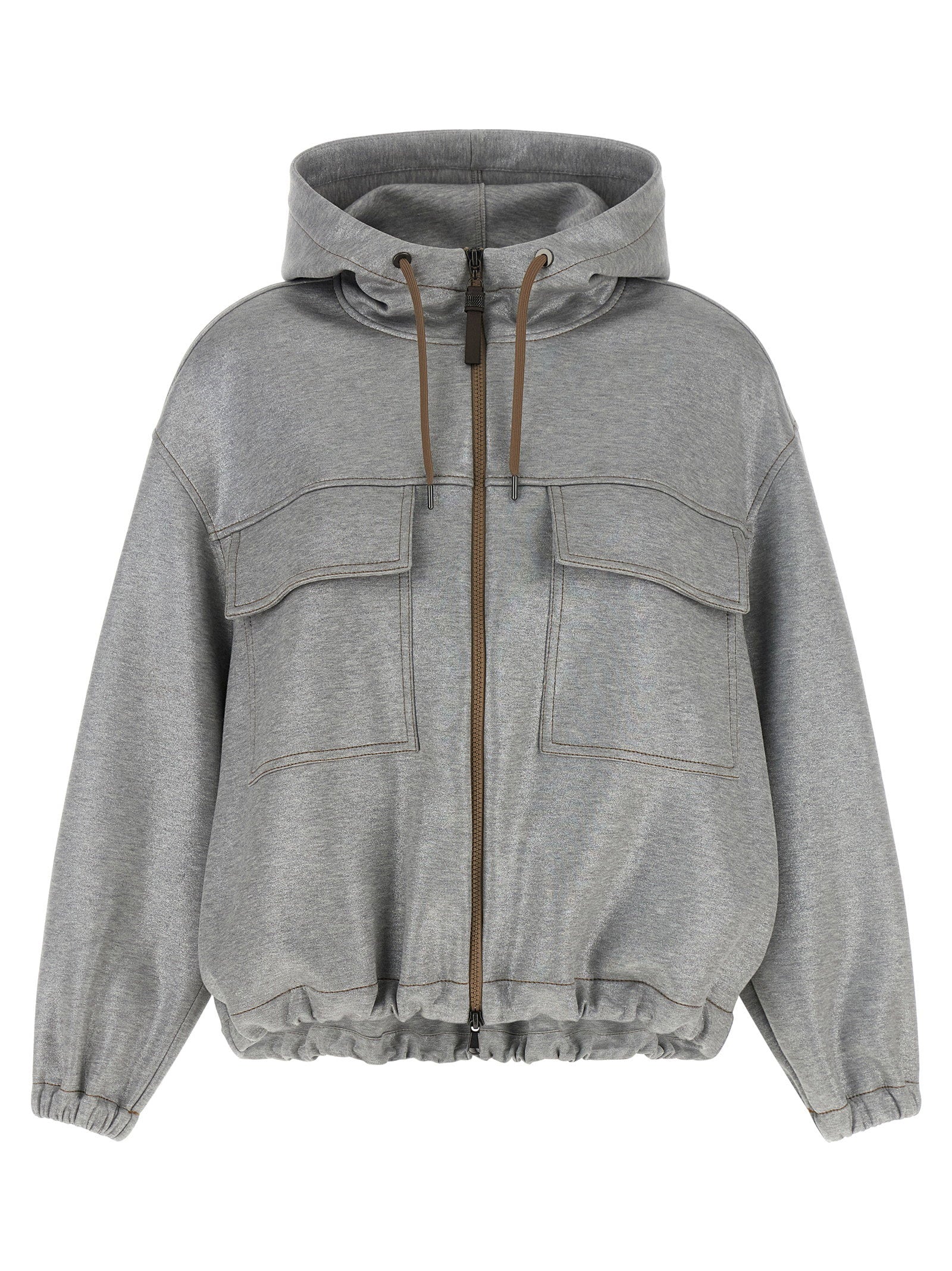 Brunello Cucinelli Shiny Zipper Pull Bomber Jacket Silver