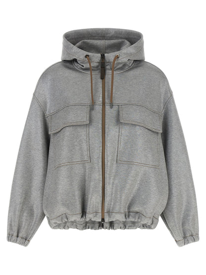 Brunello Cucinelli Shiny Zipper Pull Bomber Jacket Silver