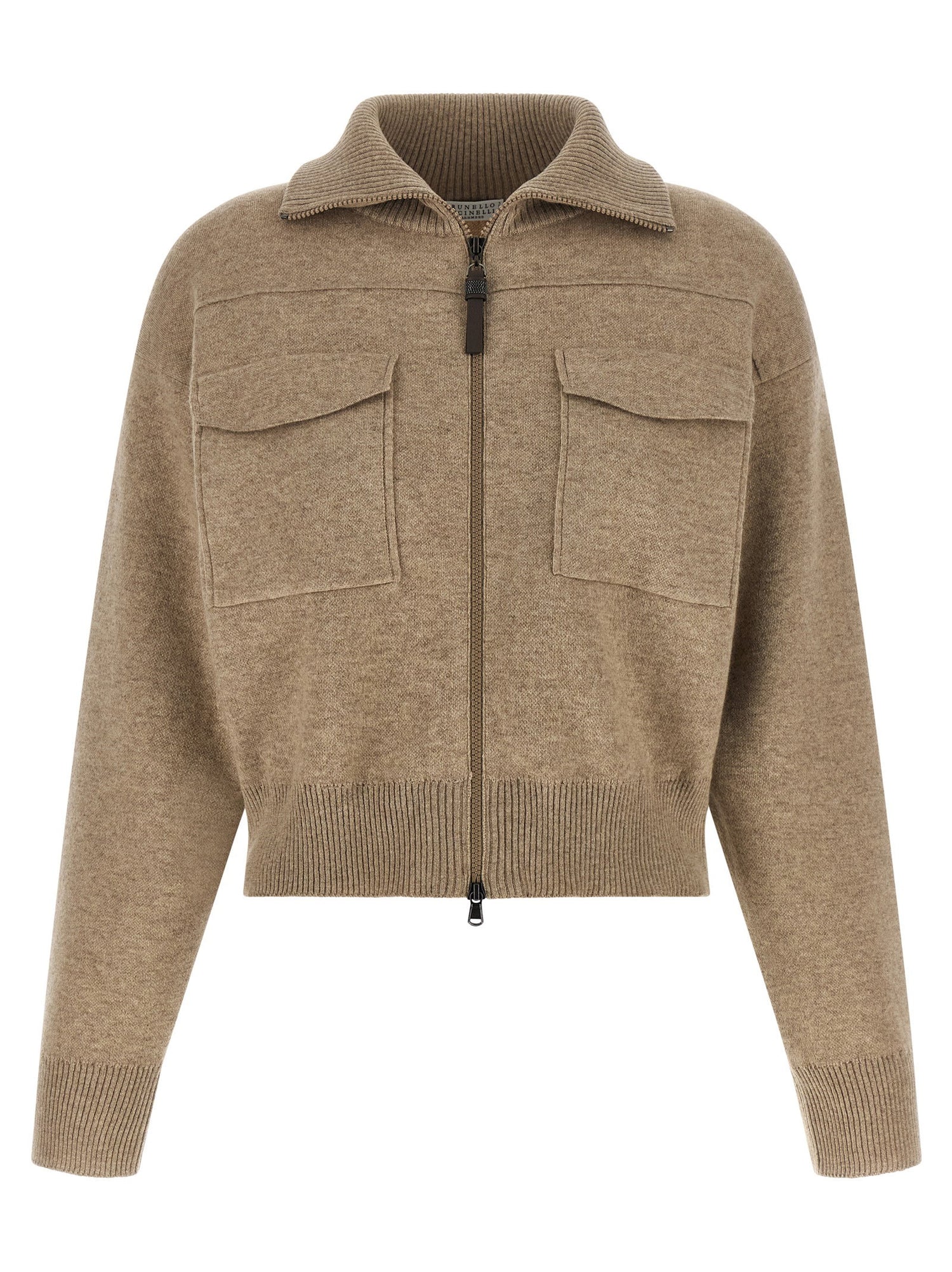 Brunello Cucinelli Shiny Zipper Pull Wool Cardigan Beige