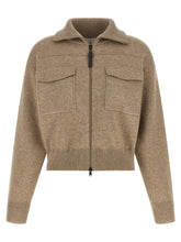 Brunello Cucinelli Shiny Zipper Pull Wool Cardigan Beige