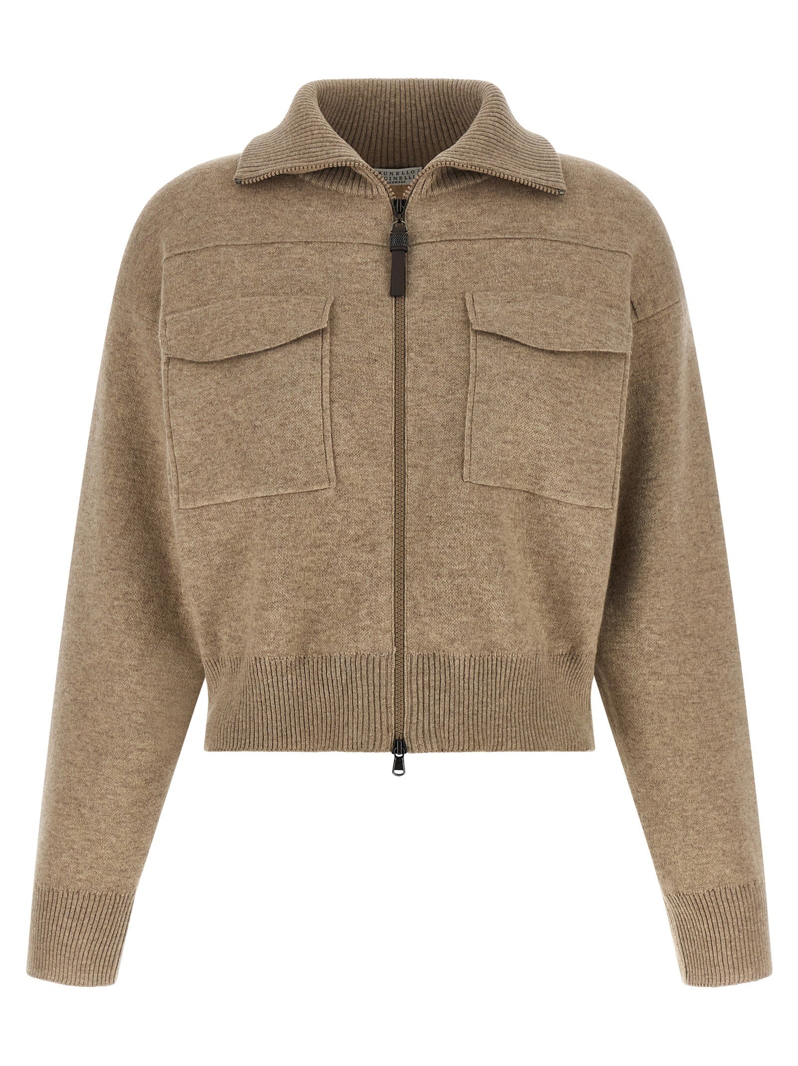 Brunello Cucinelli Shiny Zipper Pull Wool Cardigan Beige
