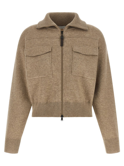 Brunello Cucinelli Shiny Zipper Pull Wool Cardigan Beige