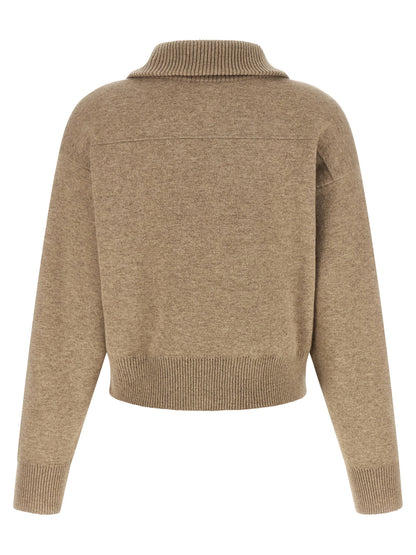 Brunello Cucinelli Shiny Zipper Pull Wool Cardigan Beige