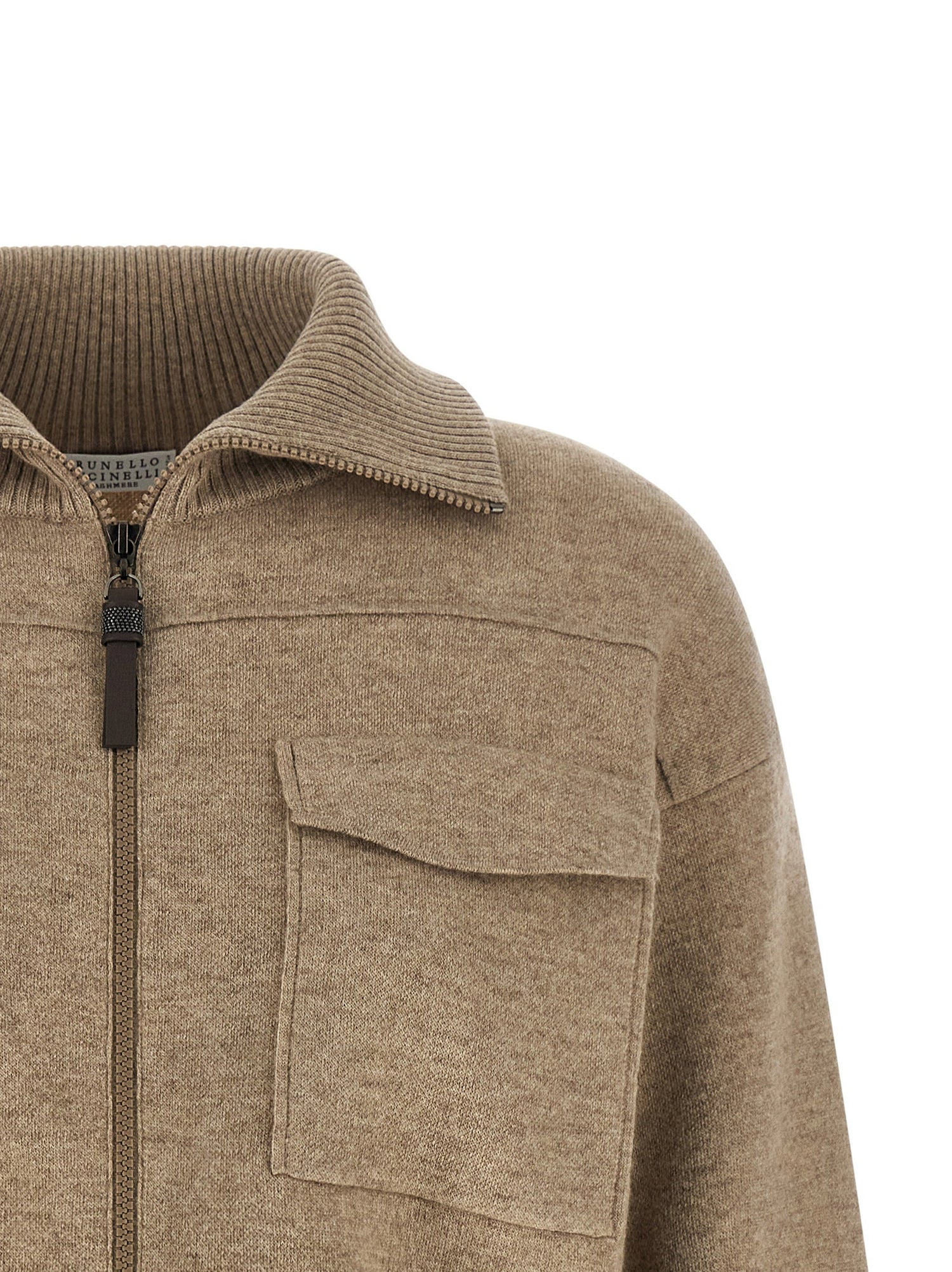 Brunello Cucinelli Shiny Zipper Pull Wool Cardigan Beige