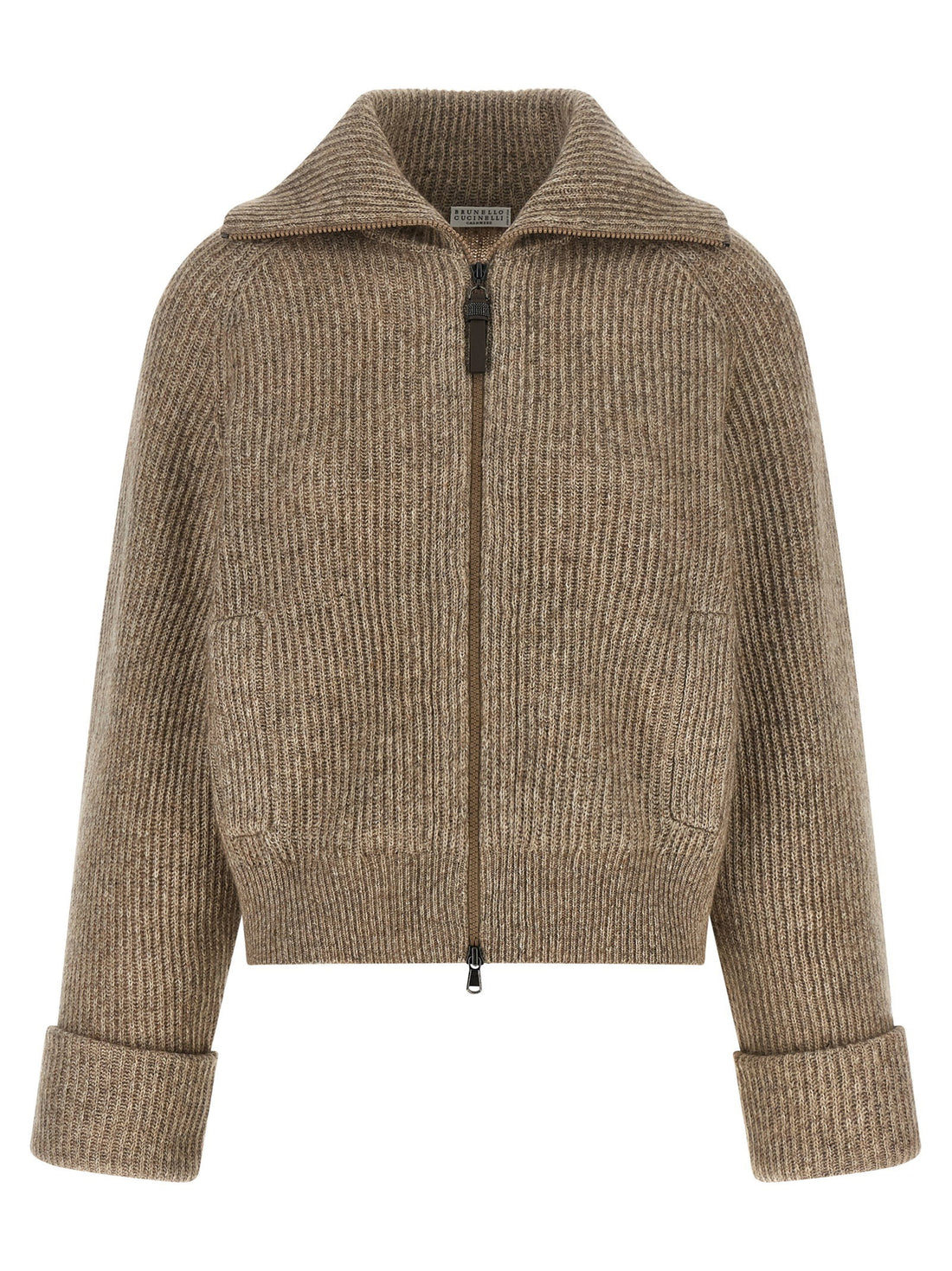 Brunello Cucinelli Shiny Zipper Pull Cardigan Beige