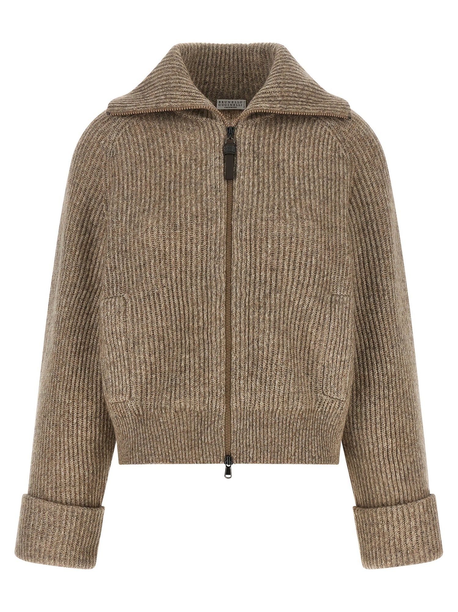 Brunello Cucinelli Shiny Zipper Pull Cardigan Beige