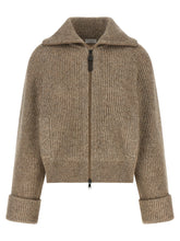 Brunello Cucinelli Shiny Zipper Pull Cardigan Beige