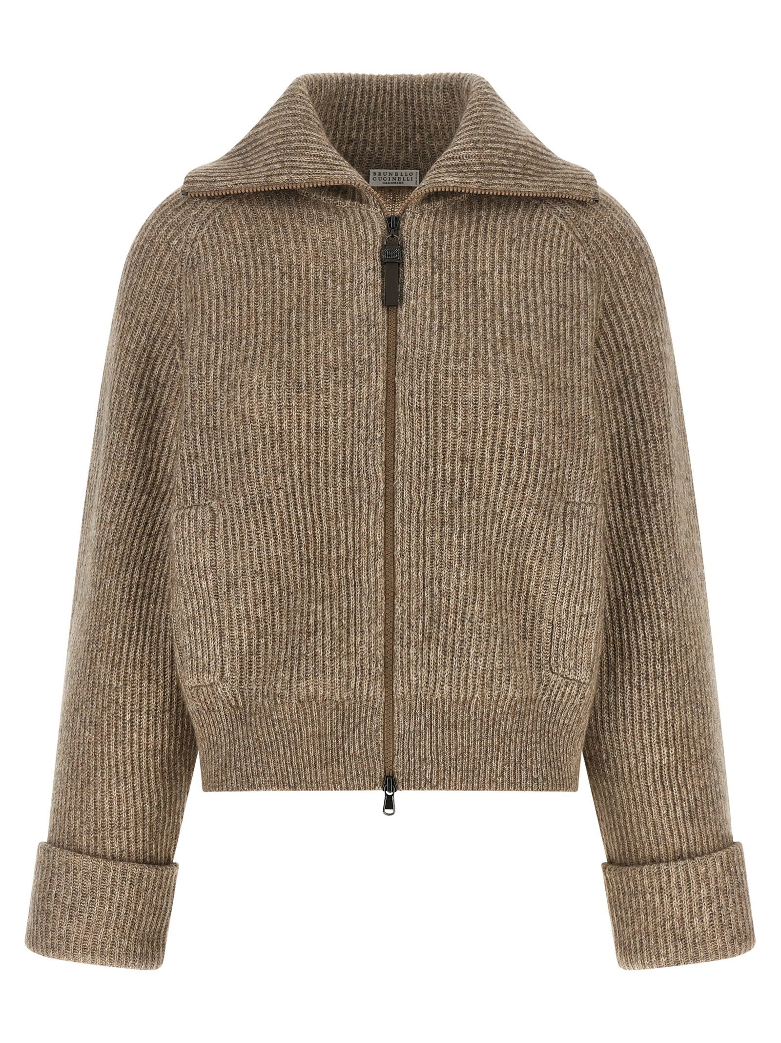 Brunello Cucinelli Shiny Zipper Pull Cardigan Beige