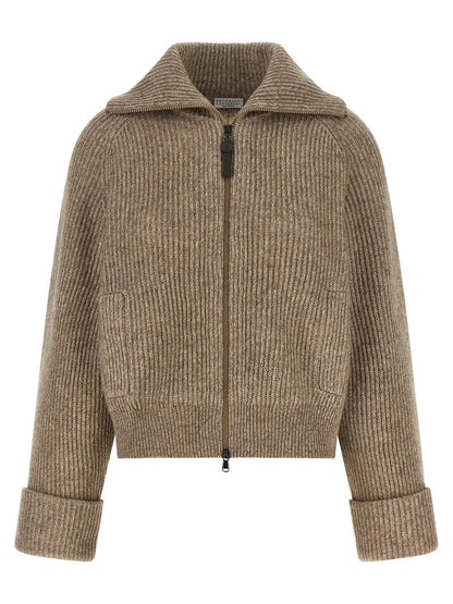 Brunello Cucinelli Shiny Zipper Pull Cardigan Beige