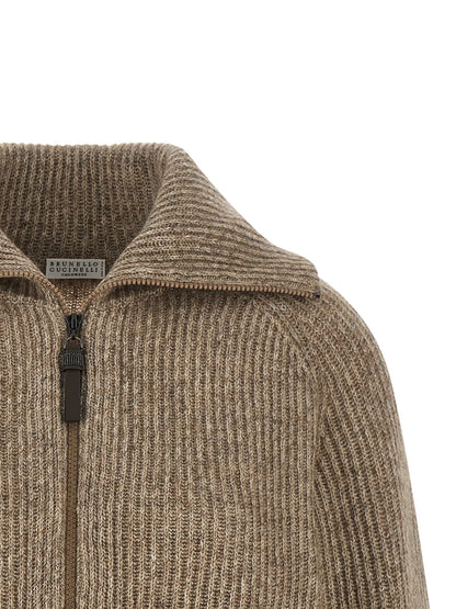 Brunello Cucinelli Shiny Zipper Pull Cardigan Beige