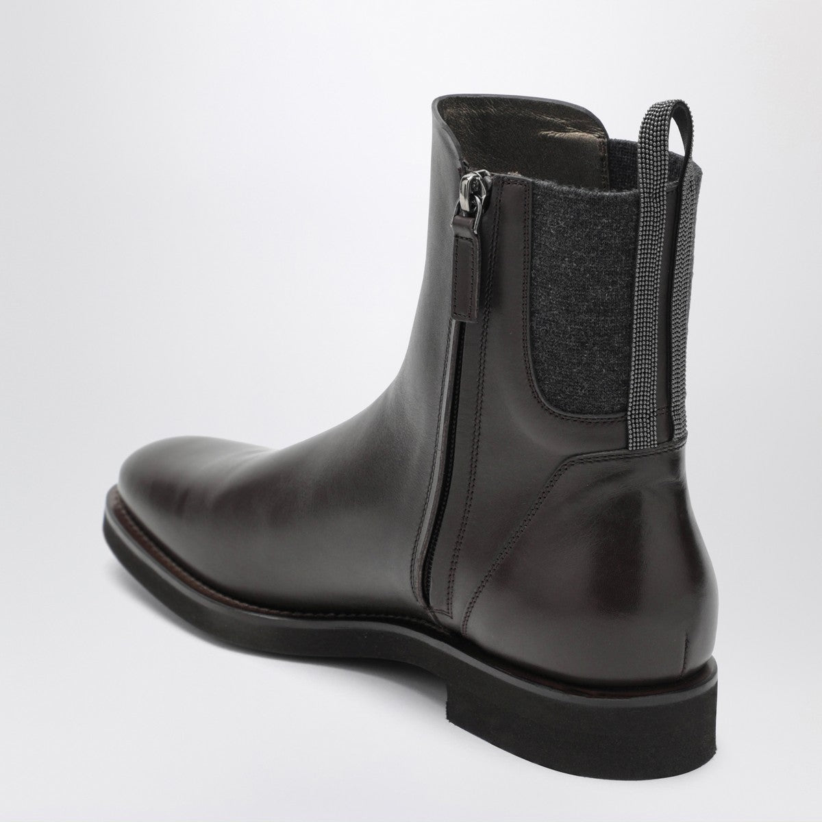 Brunello Cucinelli Dark Brown Leather Chelsea Boots with Shiny Heel Detail Brown