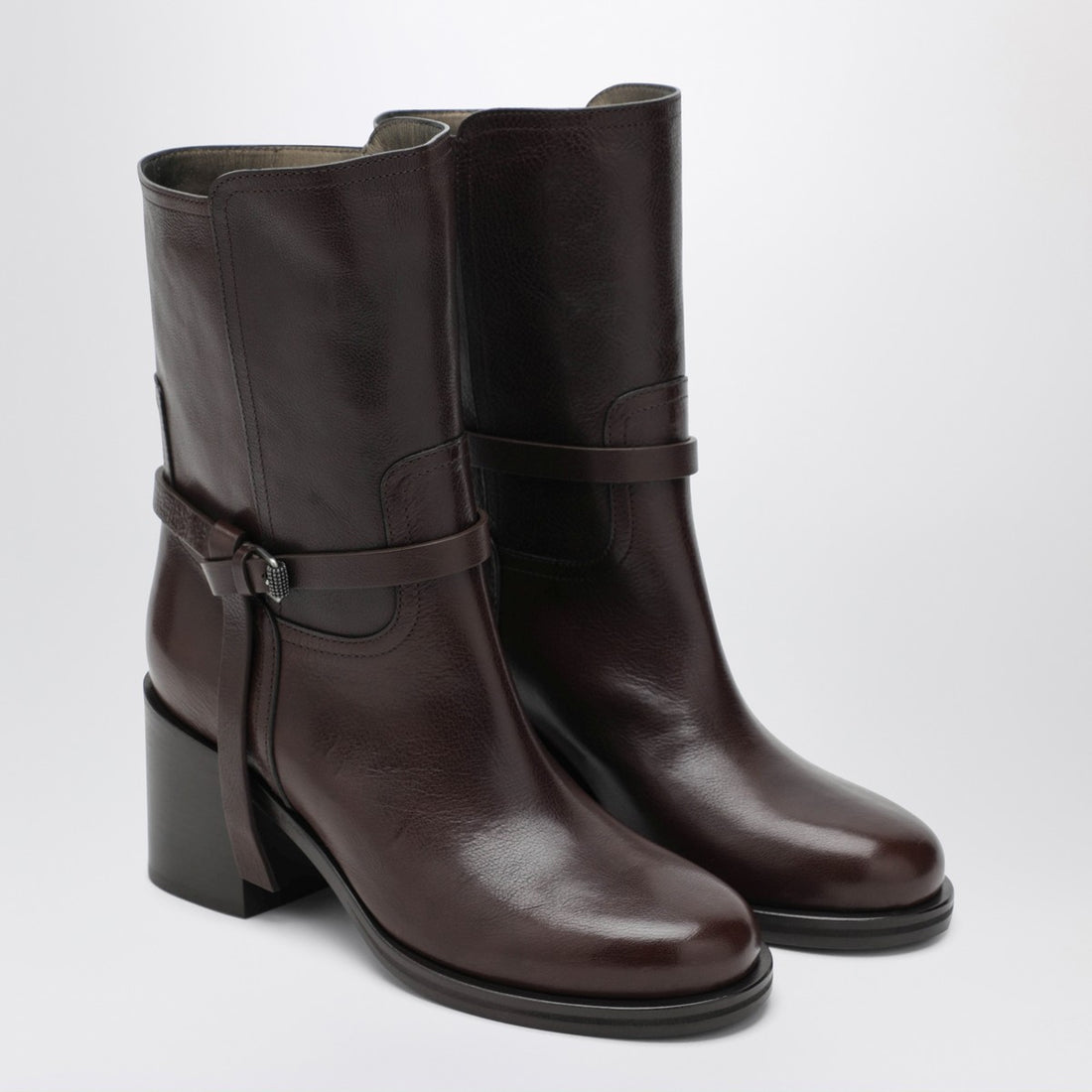 Brunello Cucinelli Brown Leather Ankle Boots with Heel Brown