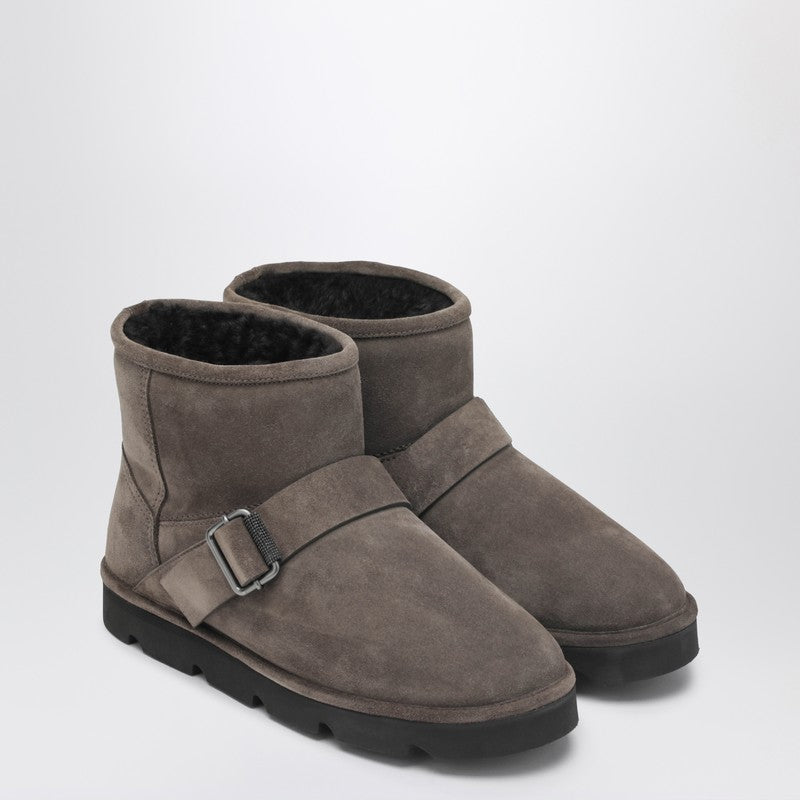 Brunello Cucinelli Dove Suede Shearling Ankle Boots Grey