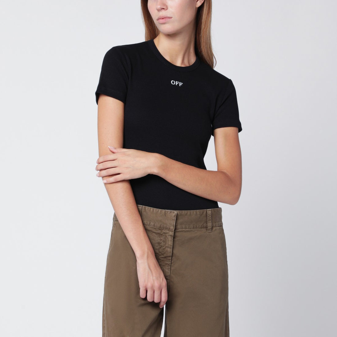Off White Black Cotton Crewneck T-shirt with Contrasting OFF Logo Black
