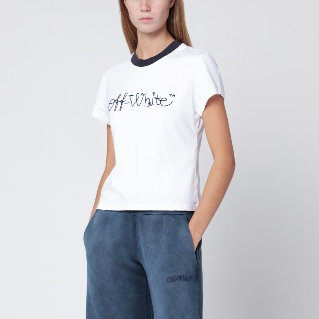 Off White White Cotton T-Shirt with Blue Embroidered Chest Logo White