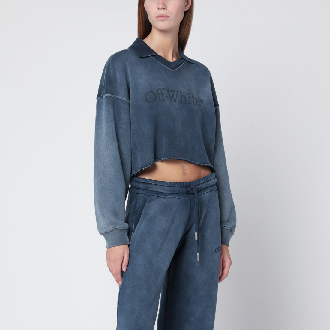 Off White Cropped Washed-Effect Cotton Sweatshirt Light Blue