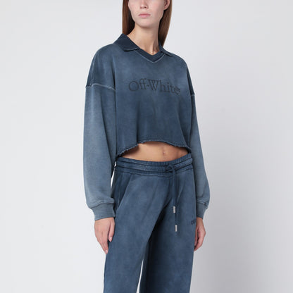 Off White Cropped Washed-Effect Cotton Sweatshirt Light Blue