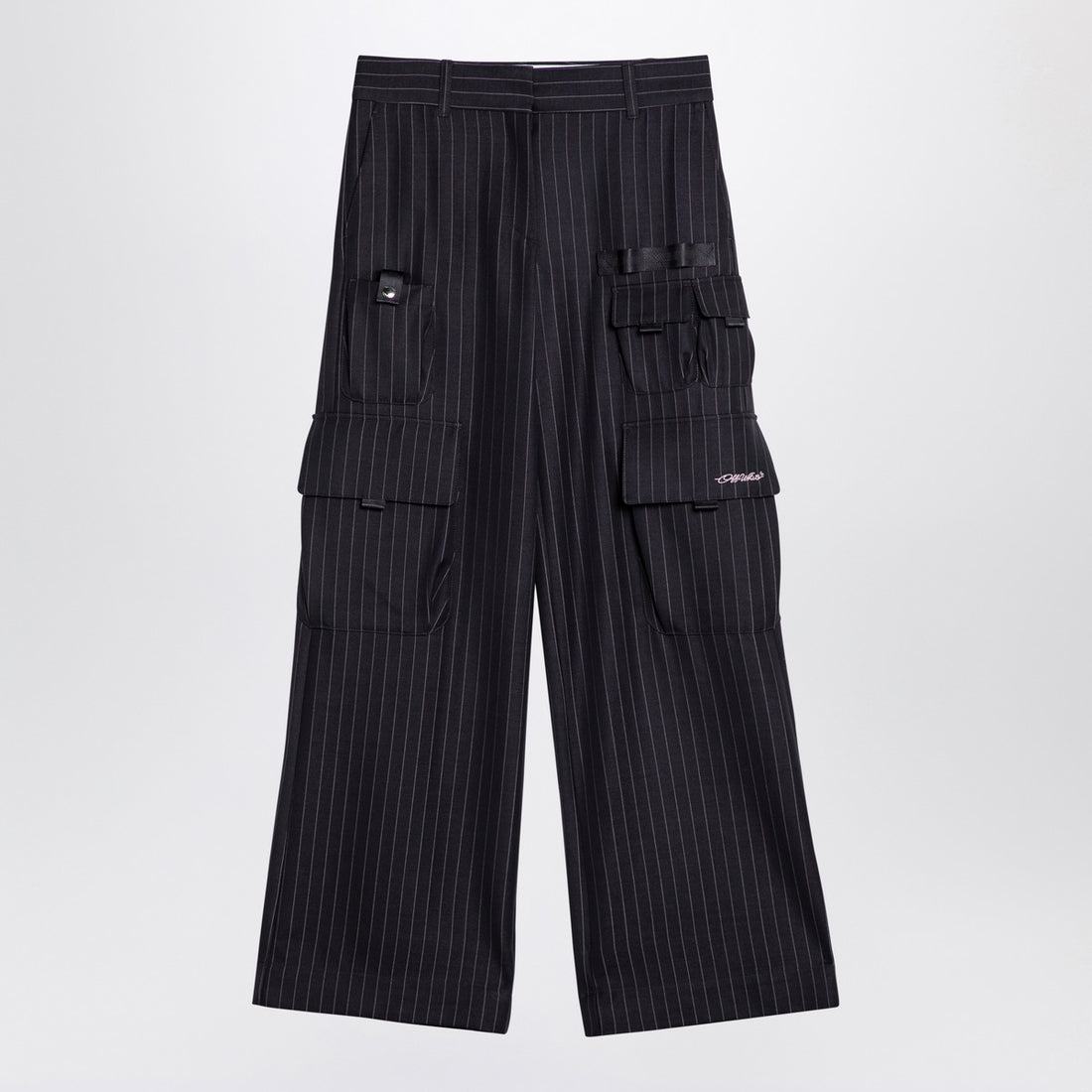 Off White Wide Pinstripe Wool-Blend Cargo Trousers Blue