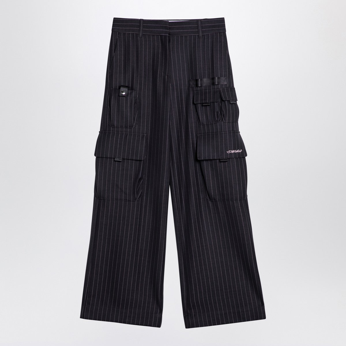 Off White Wide Pinstripe Wool-Blend Cargo Trousers Blue