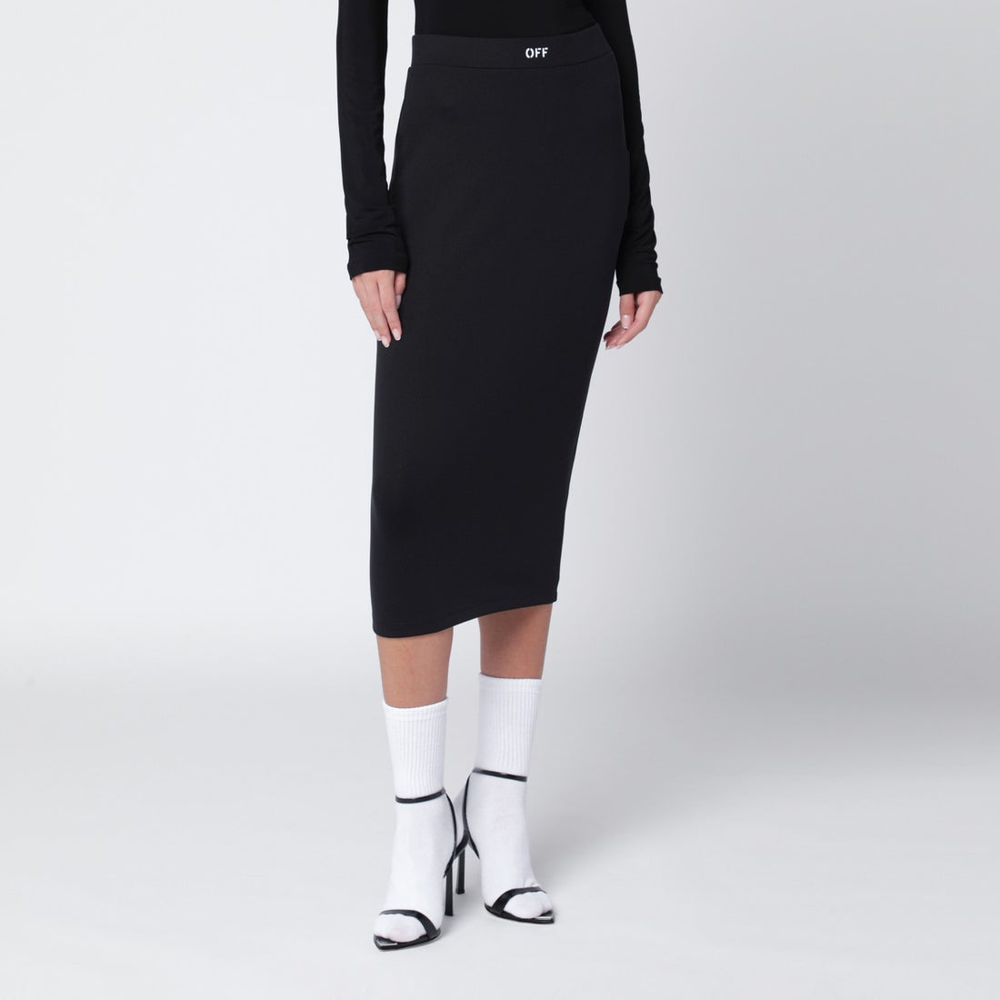 Off White Black Pencil Skirt with Elasticated Waistband and Contrasting Logo Black