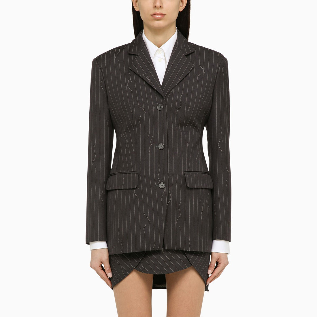 Off White Grey Pinstripe Wool-Blend Single-Breasted Jacket Grey