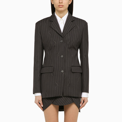 Off White Grey Pinstripe Wool-Blend Single-Breasted Jacket Grey