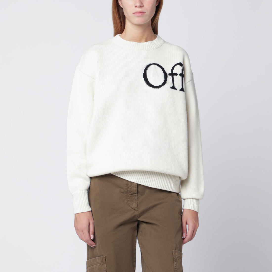 Off White White wool-blend intarsia logo crewneck sweater White