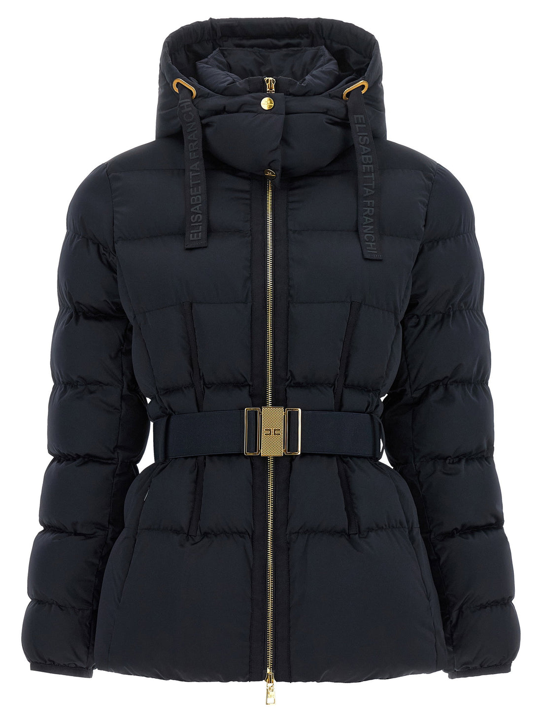 Elisabetta Franchi Belted Down Jacket With Logo Buckle Black