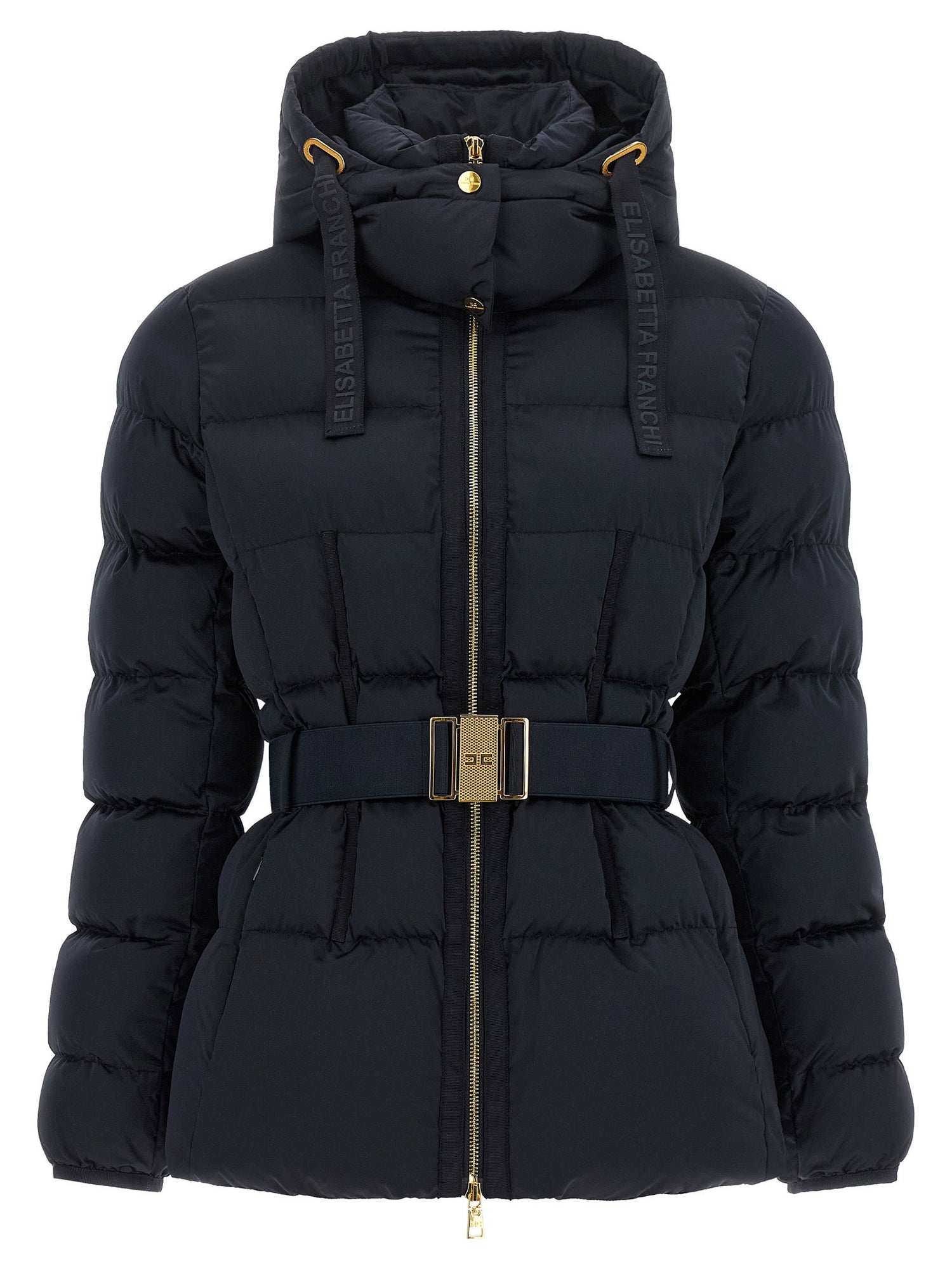 Elisabetta Franchi Belted Down Jacket With Logo Buckle Black  
