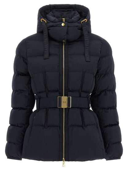 Elisabetta Franchi Belted Down Jacket With Logo Buckle Black  