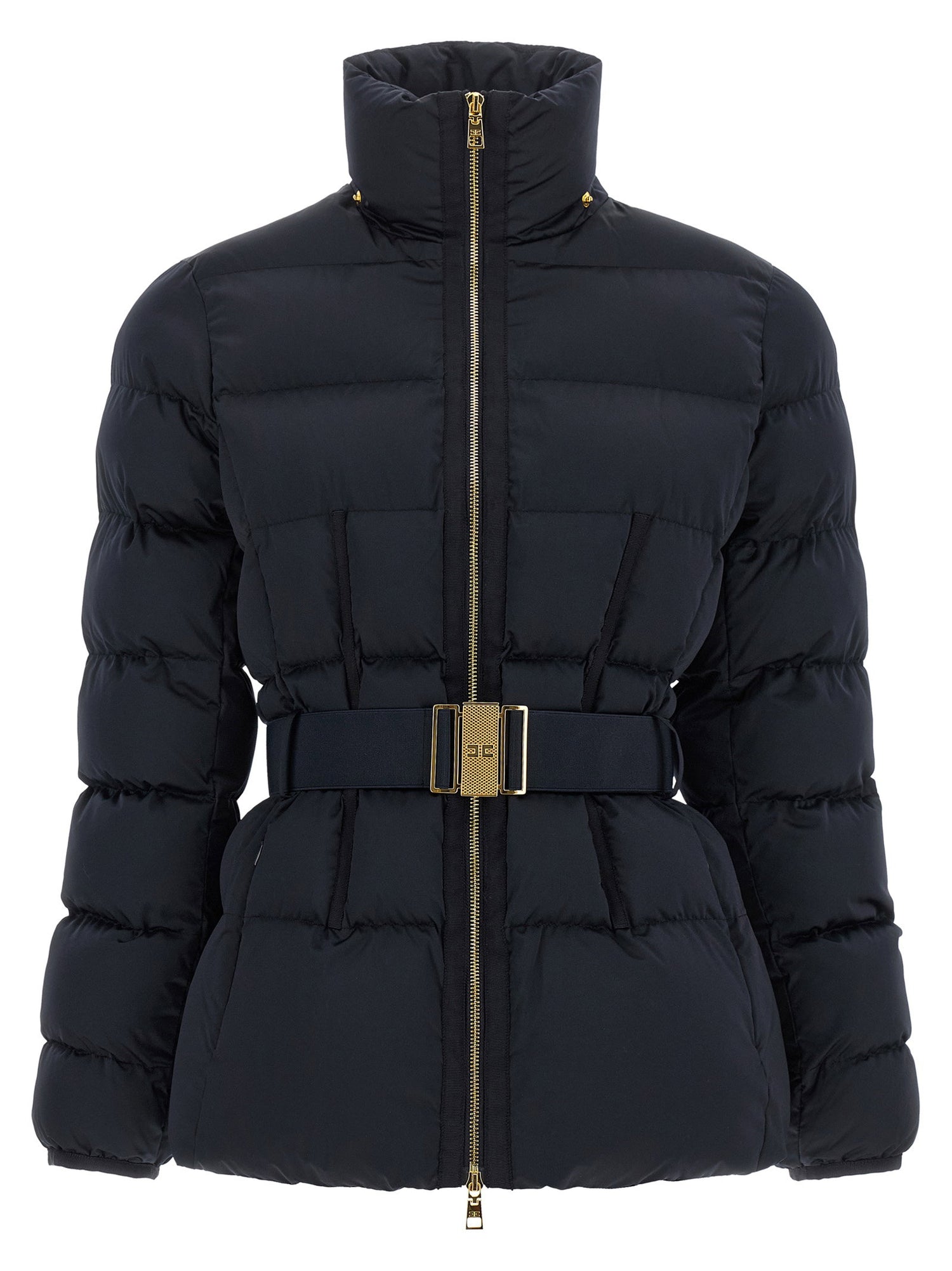 Elisabetta Franchi Belted Down Jacket With Logo Buckle Black  