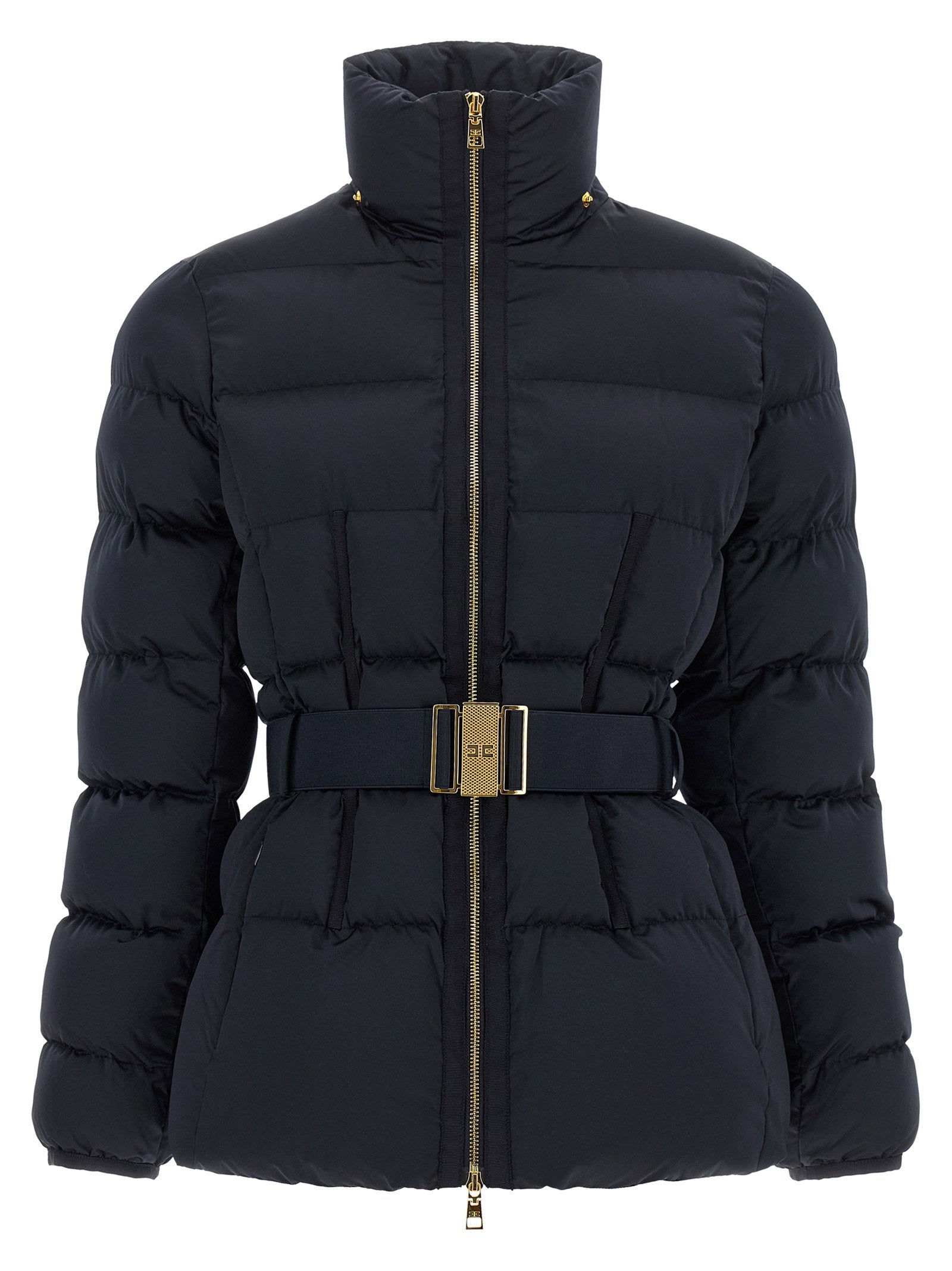 Elisabetta Franchi Belted Down Jacket With Logo Buckle Black  